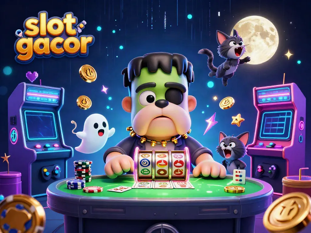 Engage with slot gacor excitement featuring a cartoon bulldog dealer at a spooky casino table, with lively game elements.
