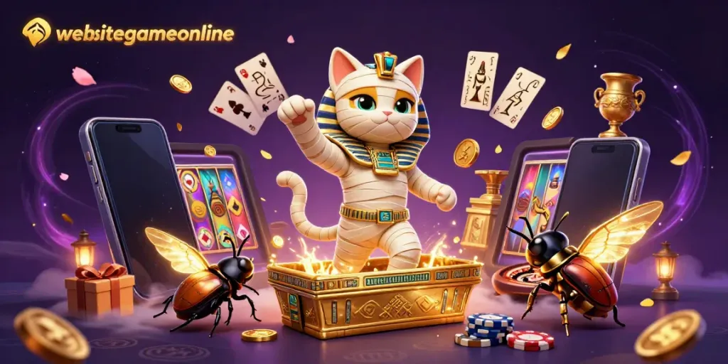 Experience thrilling gameplay at websitegameonline with an Egyptian mummy cat and magical casino elements.