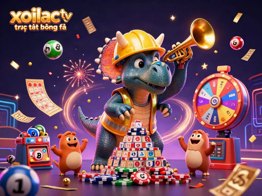 Xoilac TV trực tiếp bóng đá scene featuring a triceratops building poker chips with lottery elements.