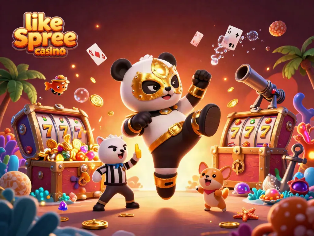 Experience thrilling action like spree casino with a panda wrestler and chihuahua referee in an energetic casino scene.