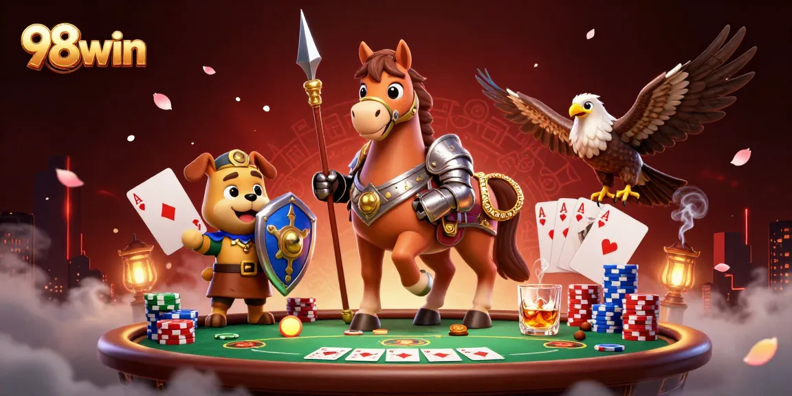 Experience thrilling poker with 98win as knights and a falcon enhance the casino atmosphere.