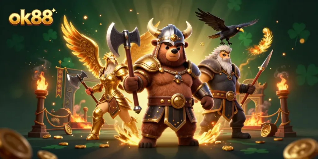 Engage with ok88's thrilling online gaming experience featuring dynamic Viking and eagle characters.