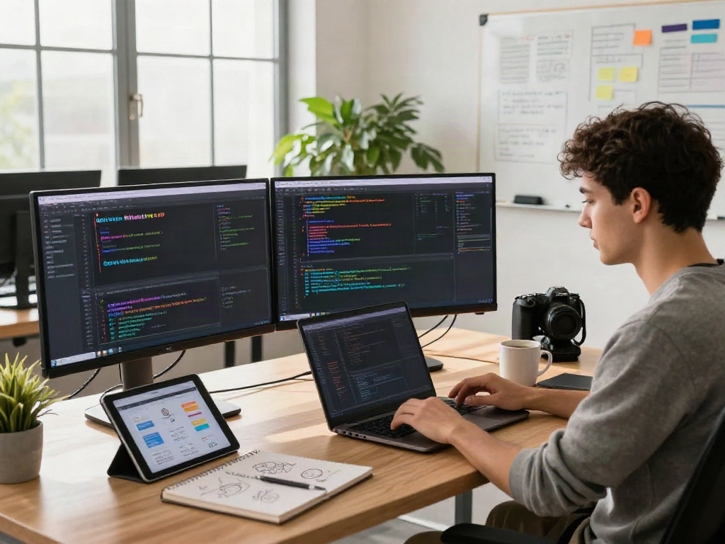 A software developer coding the GB WhatsApp APK in a modern workspace with multiple screens and tech gadgets.