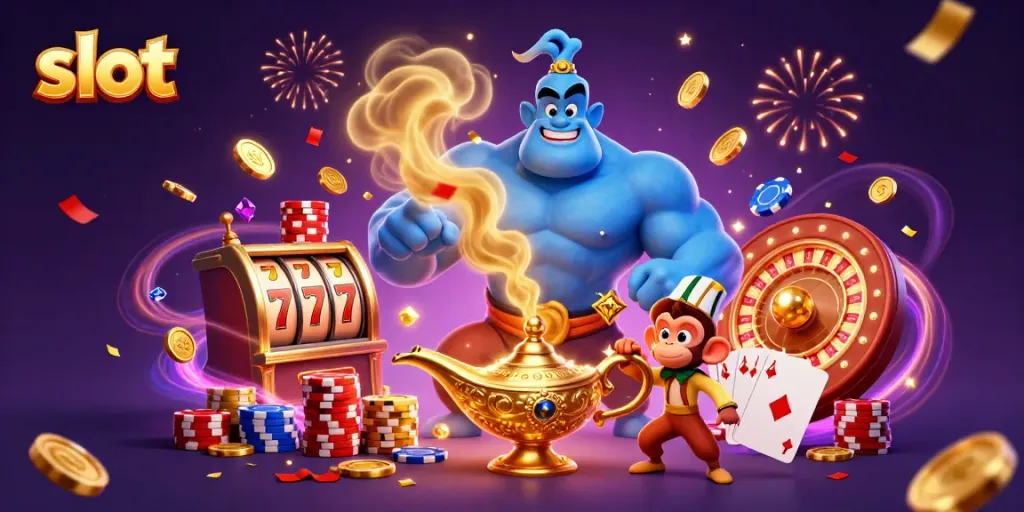 Menangkan slot dengan keberuntungan dari mesin slot yang dipenuhi koin emas dan karakter genie yang enerjik.