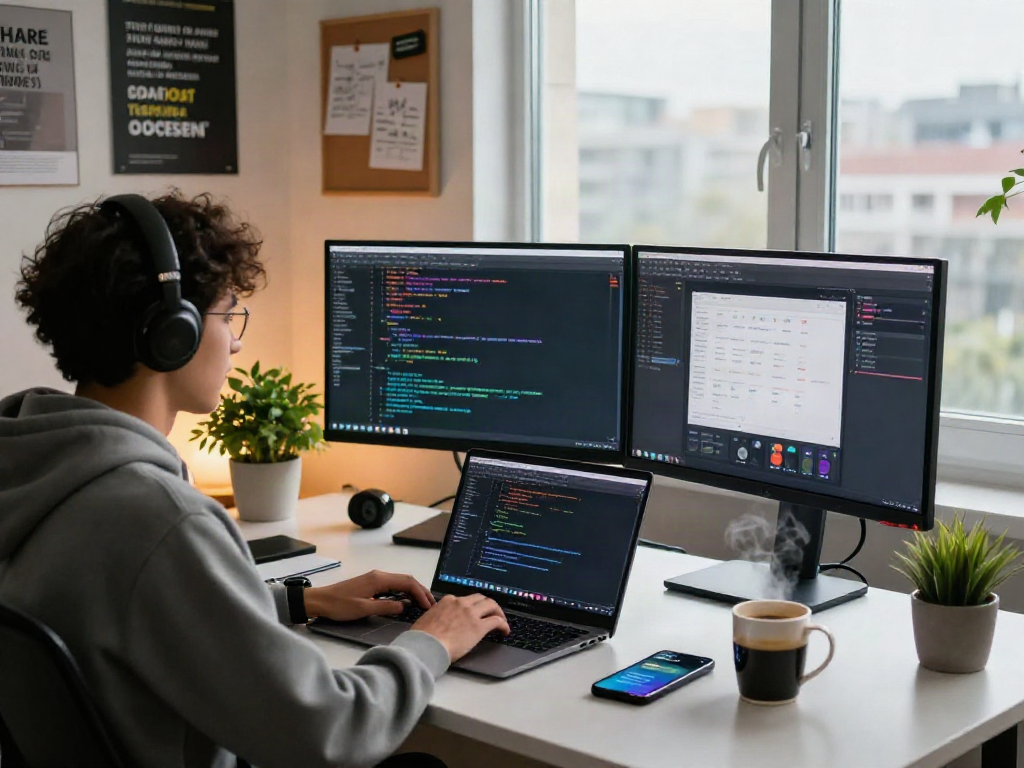Engaging workspace with developer focused on pikashow apk download and coding, showcasing tech environment.