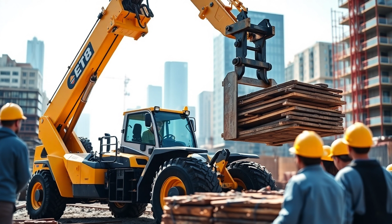 Worker maneuvering the telehandler to lift steel beams on a construction site with a city background.
