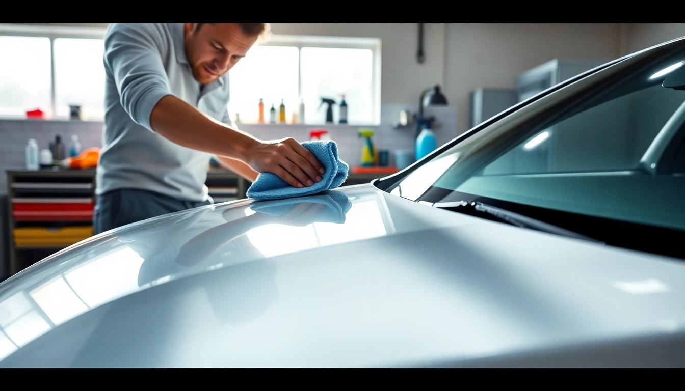 Demonstrating a car detailing routine step by step with products and detailing tools in a bright garage.