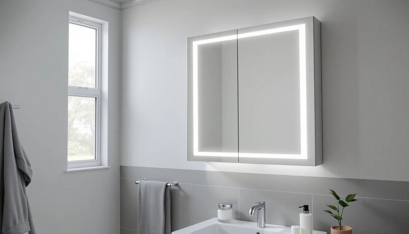 Spiegelschrank Bad mit Beleuchtung in modernem Badezimmer, stilvoll präsentiert und beleuchtet.
