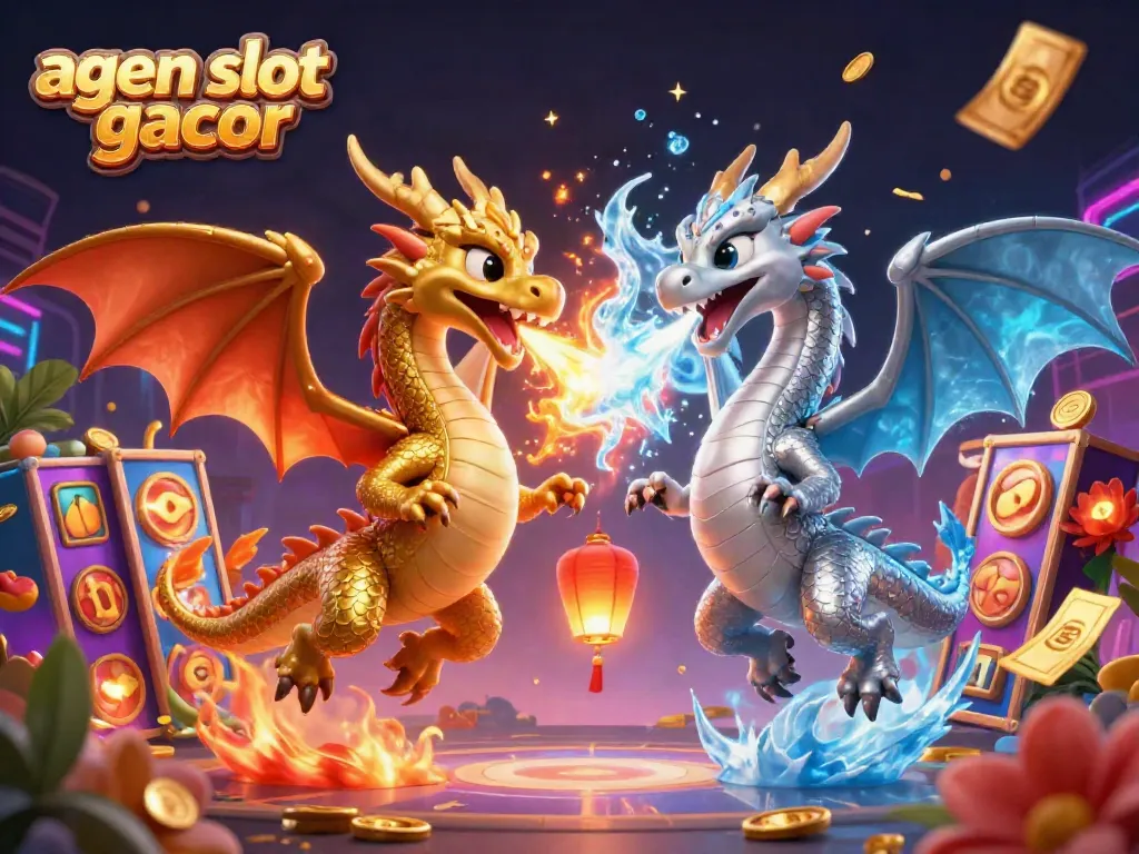 Experience the excitement of agen slot gacor with dynamic dragons in a vibrant casino scene.