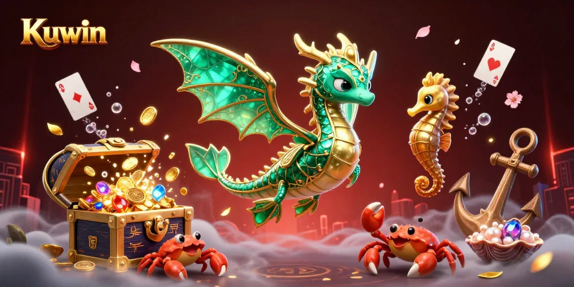 Kuwin features captivating gaming elements with an elegant sea dragon and vibrant treasures