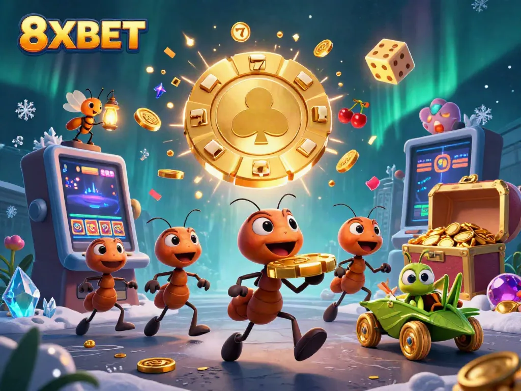 Experience the excitement of 8XBET with a heist scene featuring playful ants and casino elements.
