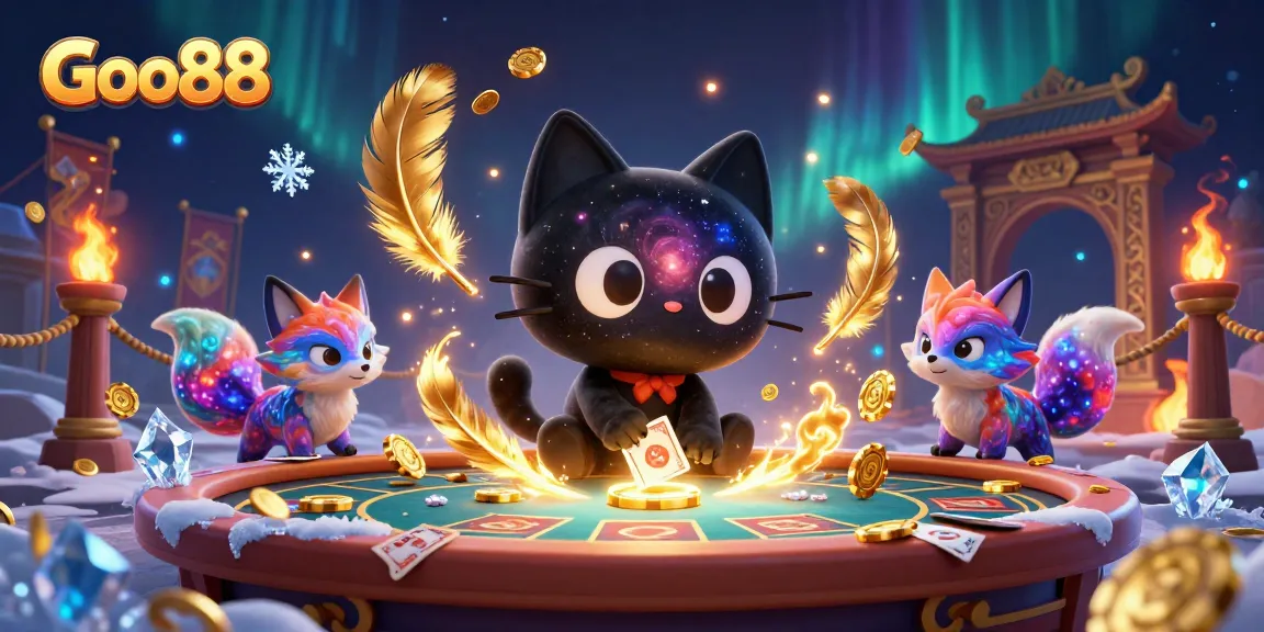 Goo88 attracts players with a cosmic casino scene featuring a black hole cat and colorful nebula fox.