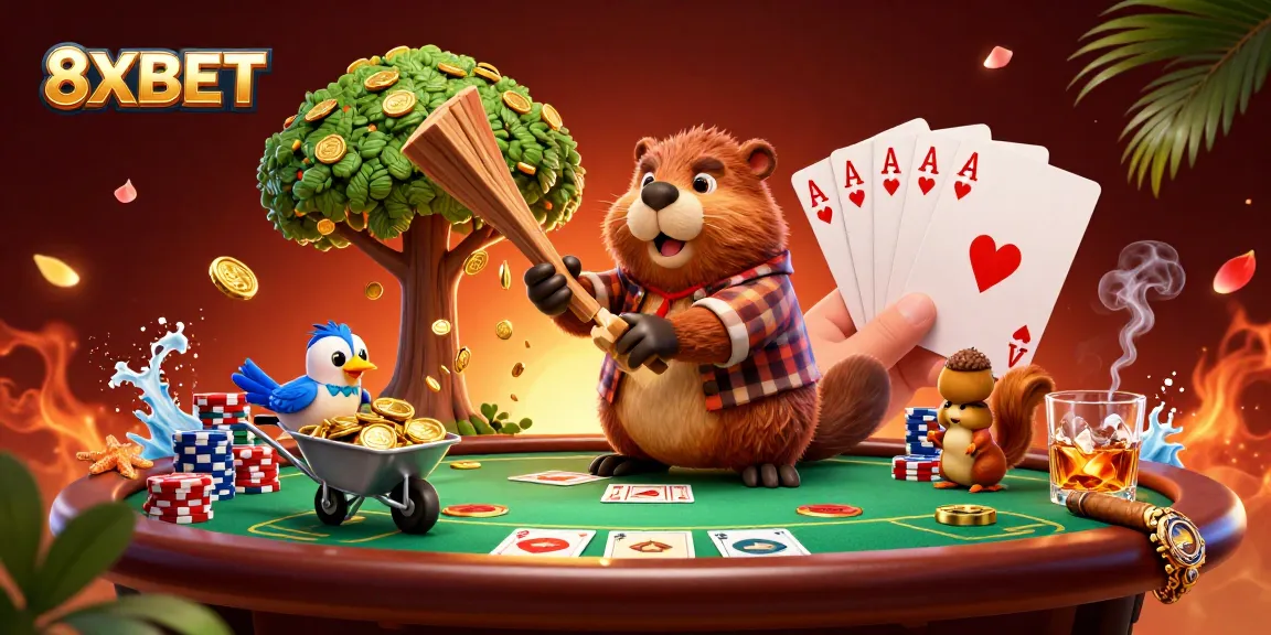 Experience thrilling wins at 8XBET with playful characters enjoying poker and collecting coins.