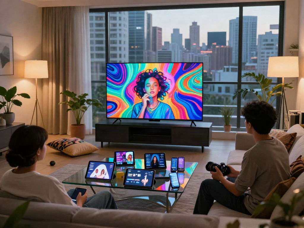 Couple enjoying AI porn art on smart TV in modern living room