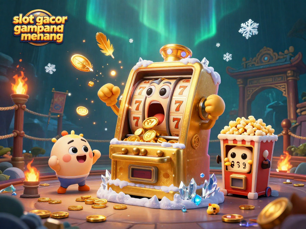 Experience slot gacor gampang menang with a lively 3D scene featuring a golden slot machine winning a jackpot.