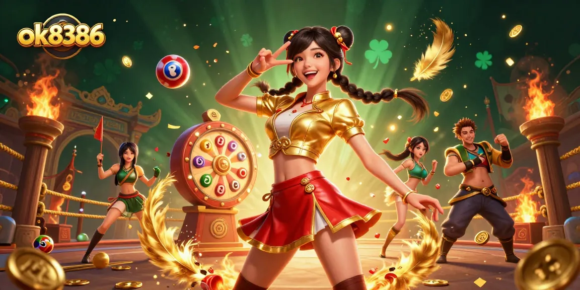 Engage with the thrilling world of ok8386, showcasing vibrant characters celebrating in a dynamic casino atmosphere.
