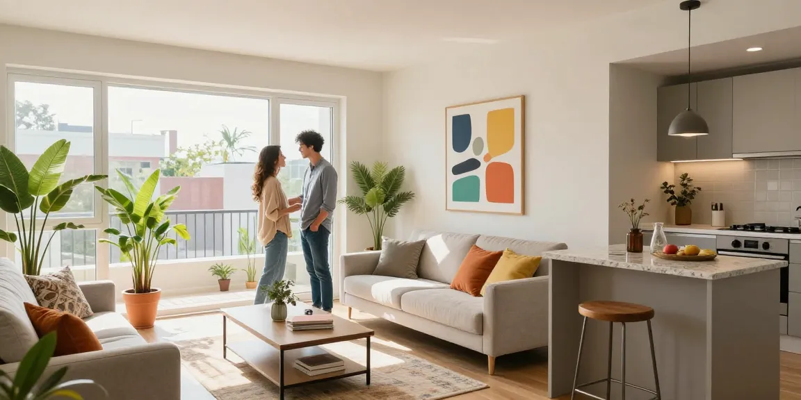 Espacio moderno de Woning Unie, pareja disfrutando de un apartamento luminoso y acogedor.