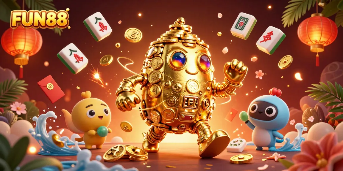 Enjoy the thrill of FUN88 with a vibrant casino scene filled with gold and lucky symbols.
