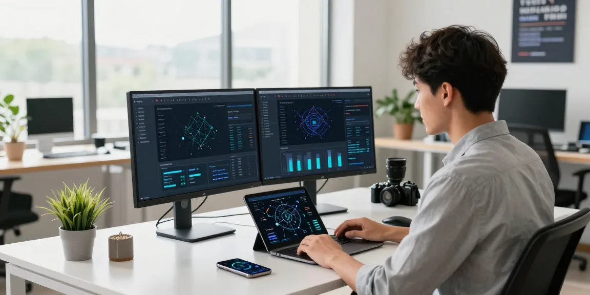 Young professional optimizing 快连 network performance at a modern workspace with dual monitors.