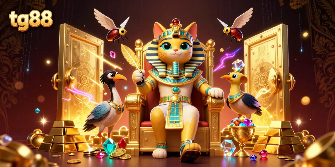 Engage with tg88's vibrant world of online gaming, exploring riches and treasures in a 3D casino illustration.