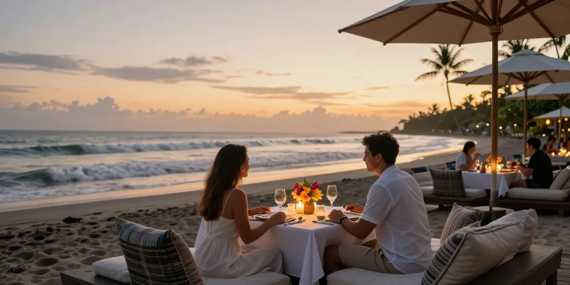 Momen romantis menikmati LUXURY 777 di resor mewah tepi pantai Bali saat matahari terbenam.