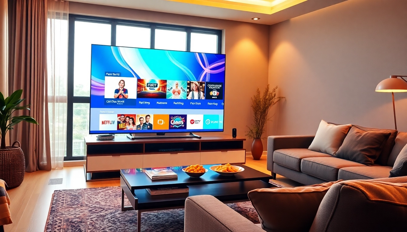 Experience a free iptv trial displayed on a sleek smart TV in a cozy living room.