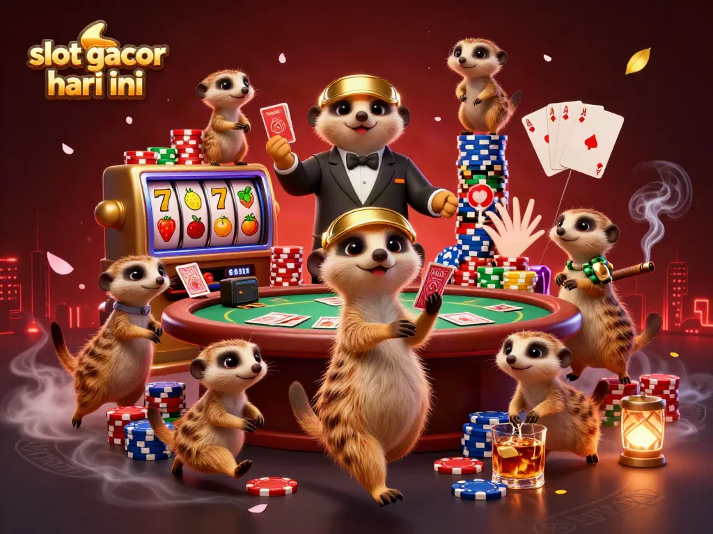 Sneak into the action of slot gacor hari ini with meerkats running a vibrant casino scene.