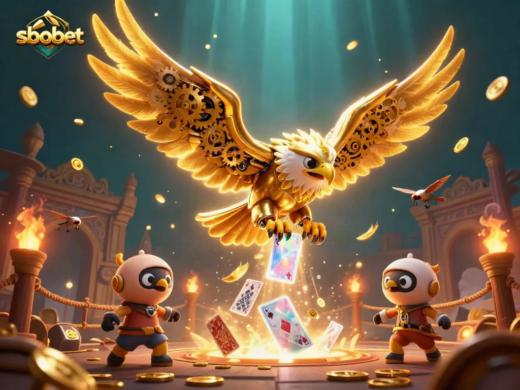 Experience sbobet with a stunning dive of a golden eagle amidst vibrant casino elements and betting excitement.