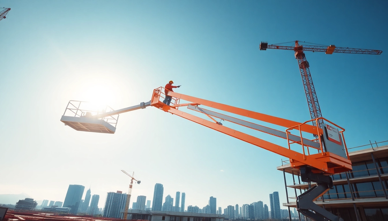 Genie boom lift working at height showcases construction efficiency and safety.