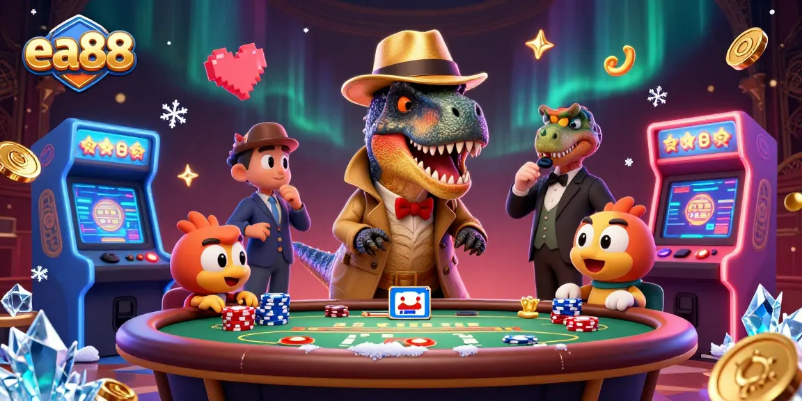 ea88's cartoon velociraptor card counter and stegosaurus pit boss in a vibrant casino scene.