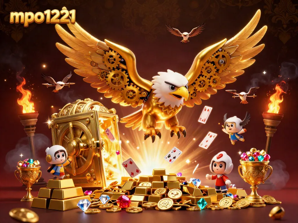 Experience the thrill of mpo1221 with a dazzling illustration of a cybernetic eagle amid a cascade of cards and treasures.