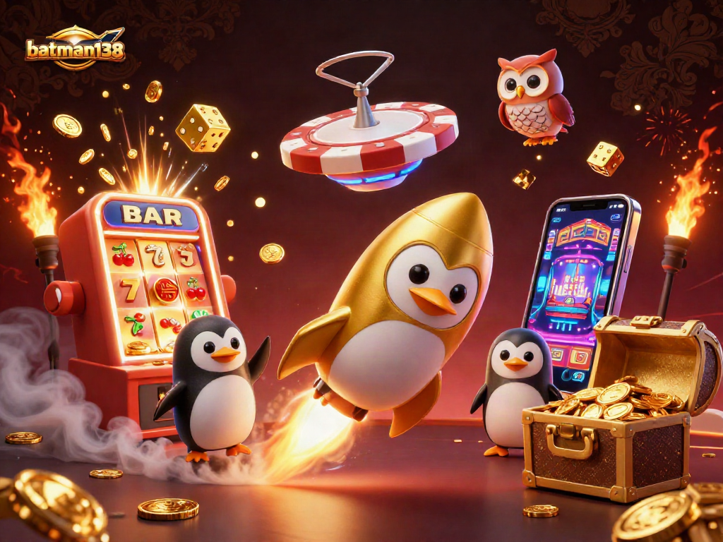 Experience big wins with batman138 where a golden penguin blasts through a world of jackpots and excitement.
