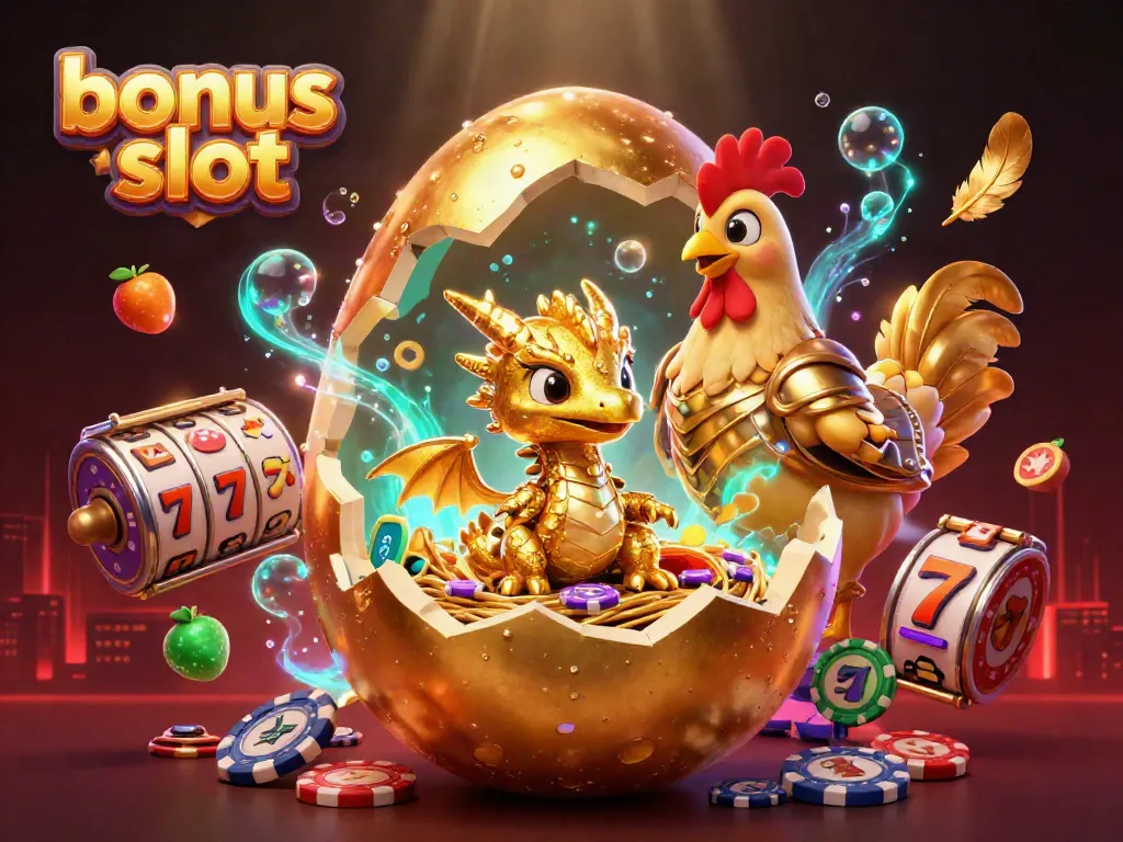 Experience thrilling gameplay with the bonus slot art featuring a majestic golden dragon and exciting slot symbols.