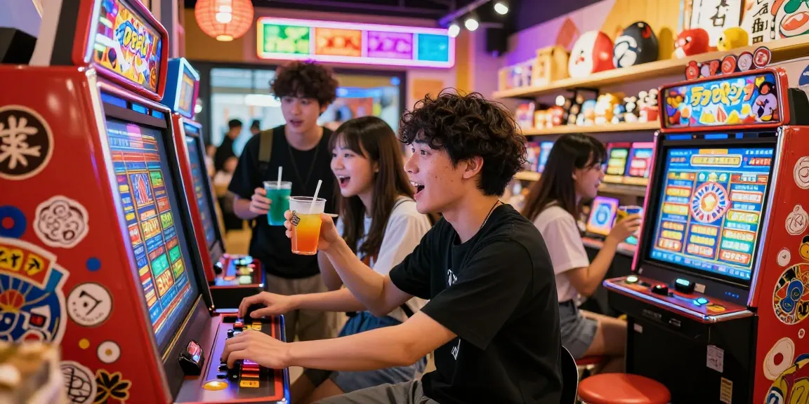 Friends enjoy slot jepang in lively e-commerce space with vibrant Japanese themes.