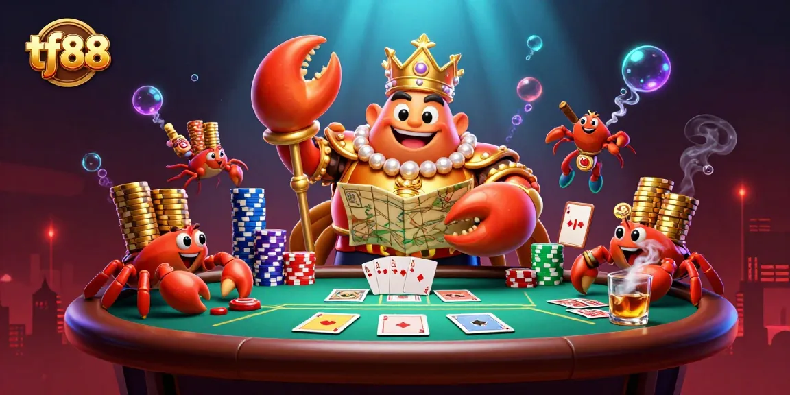 Experience the vibrant world of tf88 with a golden crab emperor at a poker table, showcasing ultimate gaming excitement.
