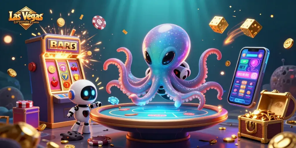Experience thrilling Las Vegas Corporate Events with a vibrant 3D alien octopus at a poker table.