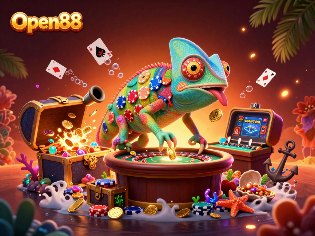 Engage with Open88 at a vibrant casino scene featuring a chromatic chameleon character collecting gold coins.