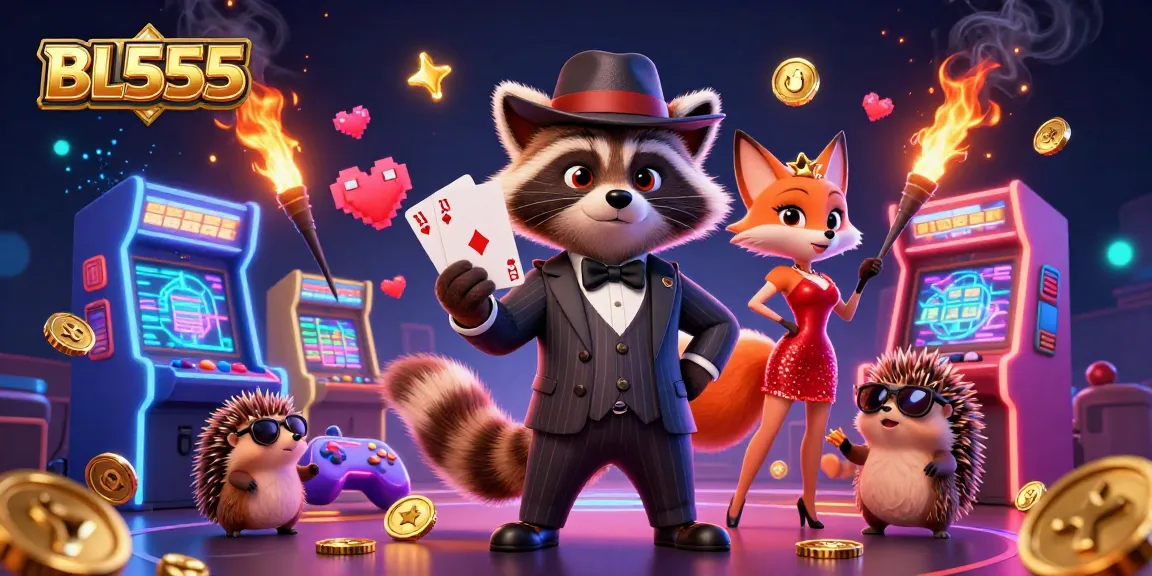 Experience the thrilling world of BL555 with vibrant casino elements and playful characters.