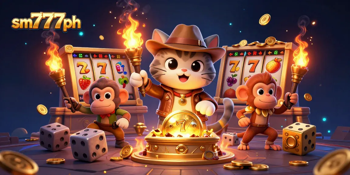 The explorer cat reveals a golden artifact while surrounded by slot reels and casino elements on sm777ph.