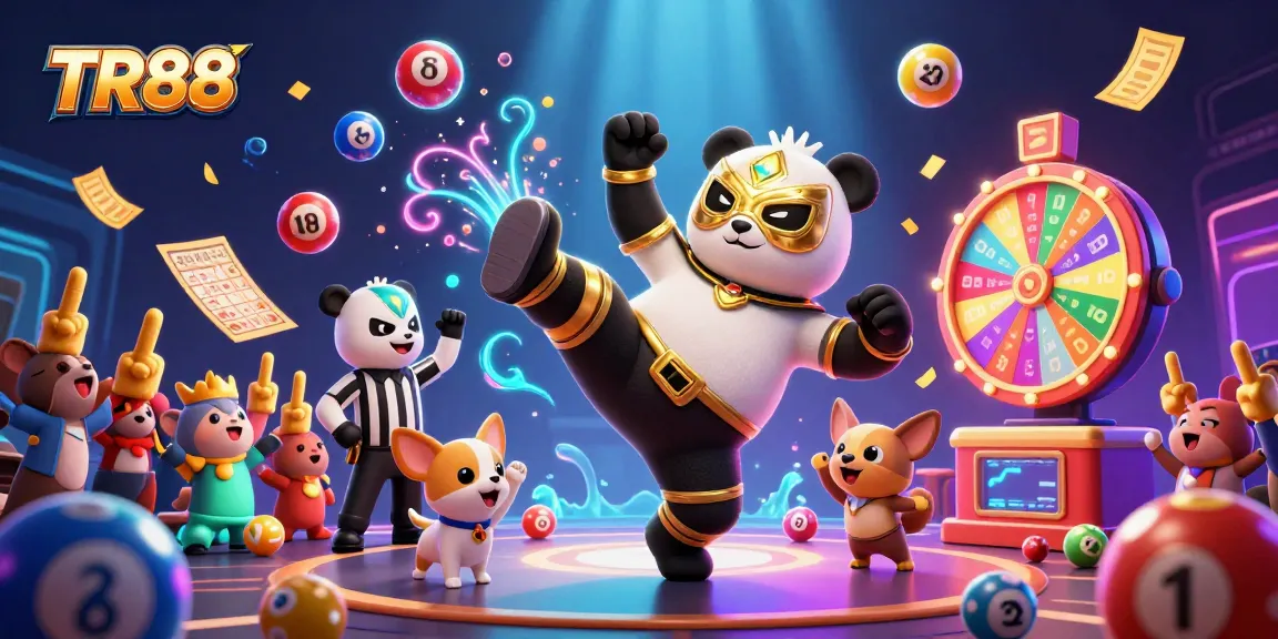 Witness TR88's exciting online gaming with animated characters amidst vibrant lottery elements and cash rain effects.