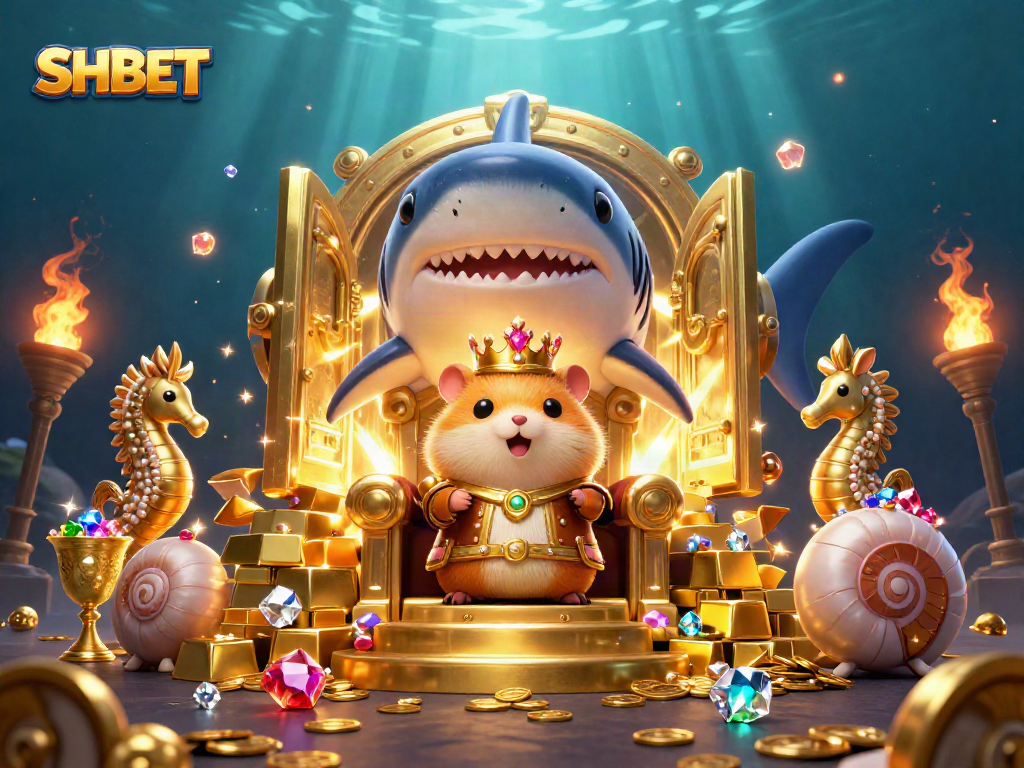 SHBET's golden hamster king rules amidst treasures in an immersive casino scene.