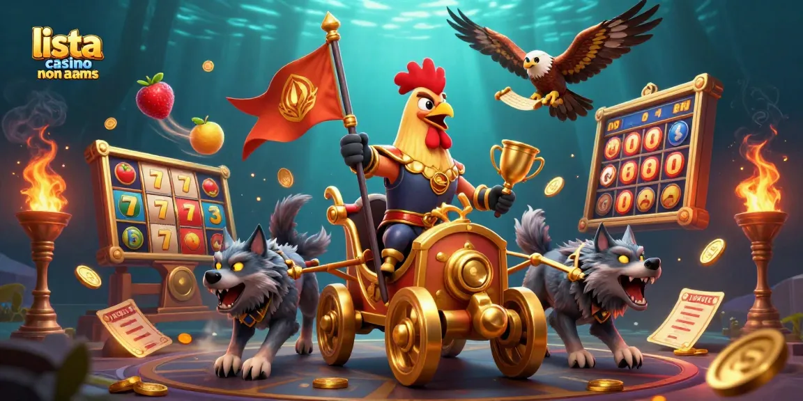Scopri la lista casino non AAMS con giochi, banner e premi in un'illustrazione vivace.
