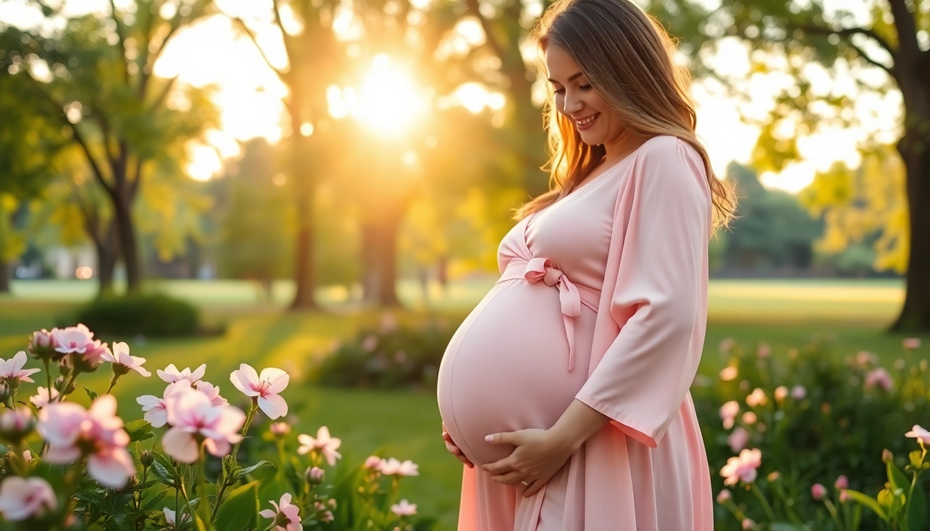 Maternity photographer Kitchener Ontario capturing a serene moment of an expectant mother in a blooming park.