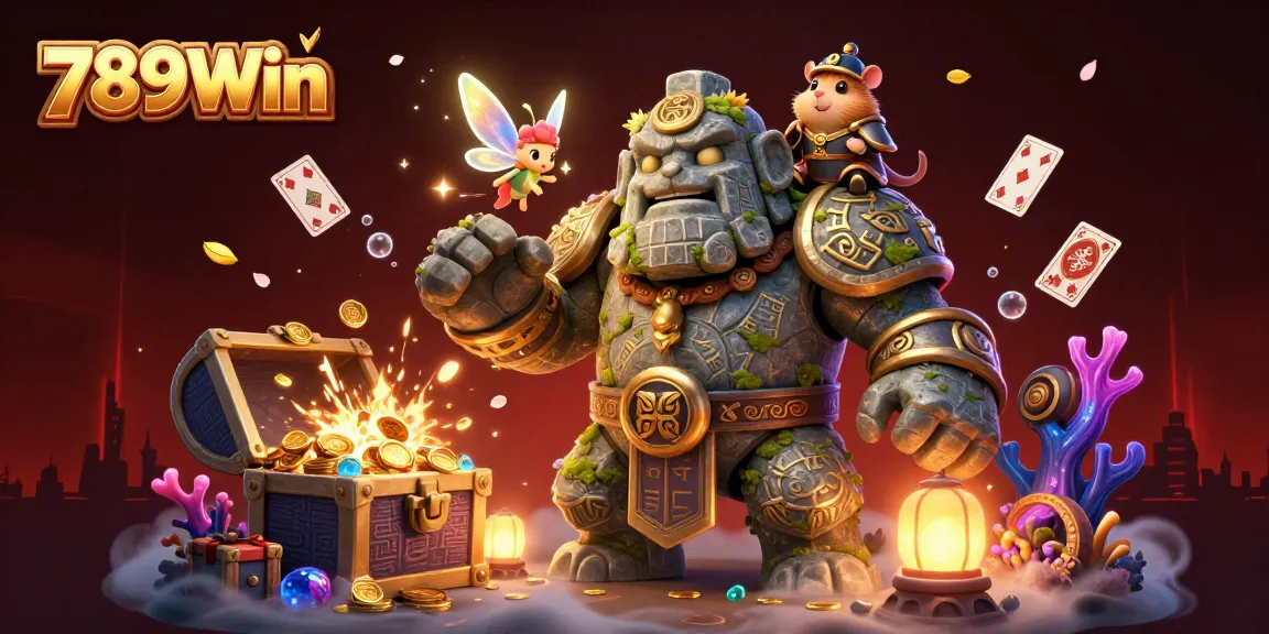 Experience thrilling jackpots at 789Win, where the ancient golem guards treasure amidst vibrant casino chaos.