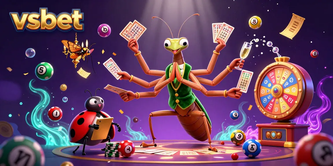Engaging vsbet 3D illustration showcasing a lively casino scene with vibrant graphics and animated lottery elements.