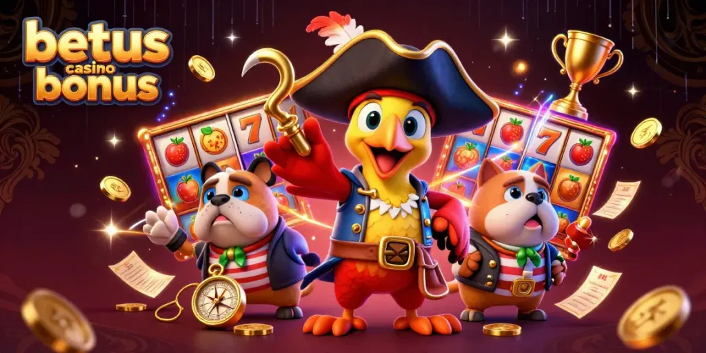 Experience exciting bonuses with BetUS casino bonus in a vibrant 3D pirate-themed casino scene.