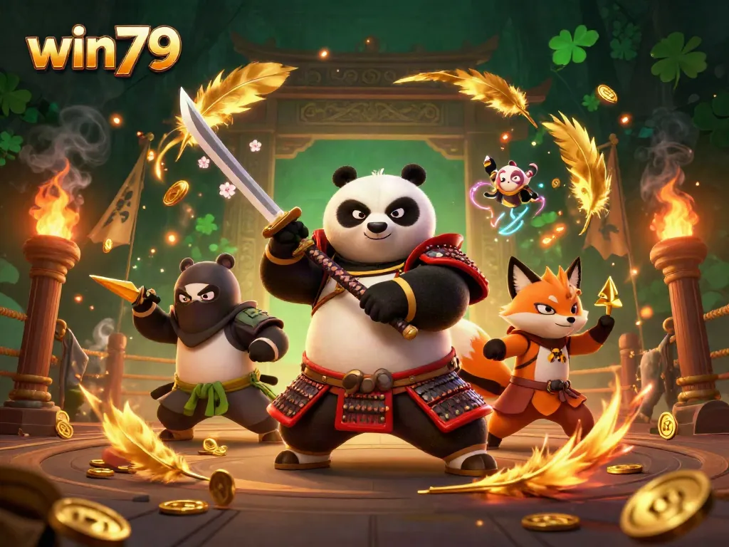 Win79 gaming scene with a samurai panda, ninja fox, and tanuki, enhanced by dynamic casino elements.