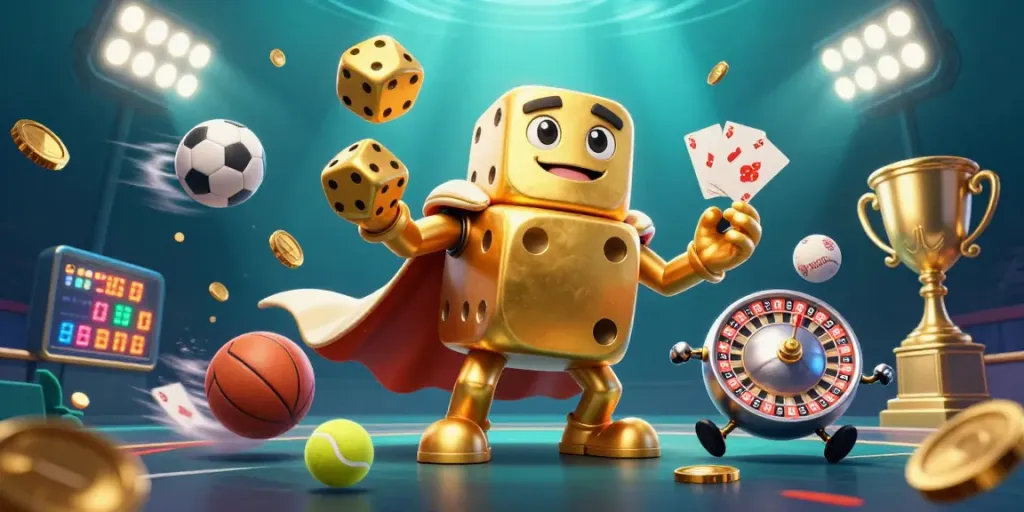 Experience Nhà cái uy tín with a golden dice golem and dynamic sports elements in a vibrant 3D scene.