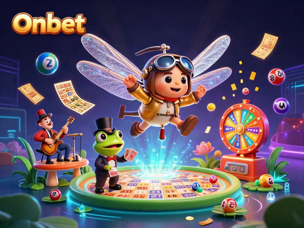 Experience Onbet through a vibrant 3D scene with characters and casino games in action.