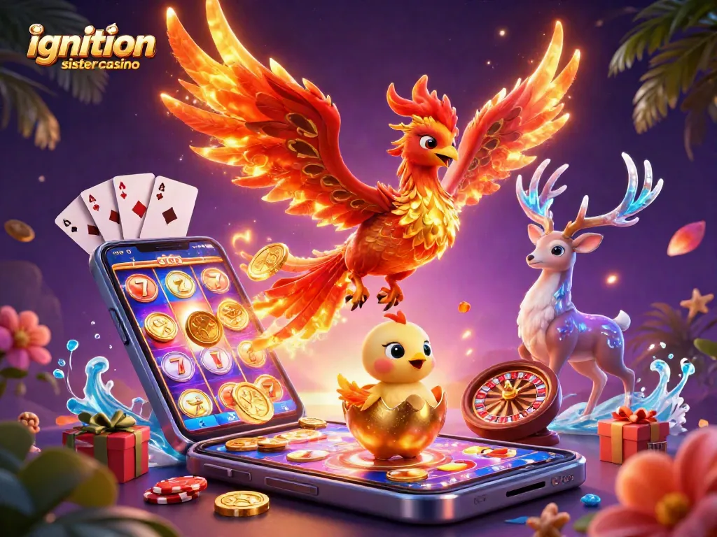 Experience the thrill at ignition sister casino with a fiery phoenix, games, and vibrant casino elements.